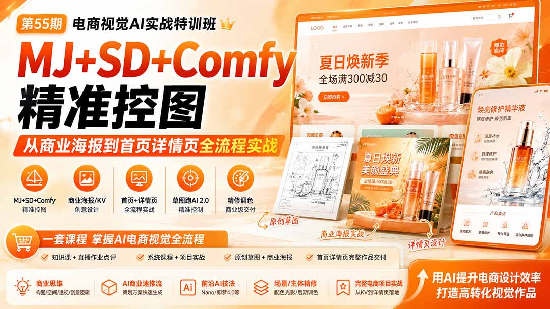 电商视觉 AI实战训练营第55期：MJ+SD+Comfy精准控图，从商业海报到首页详情页全流程实战-资源宝库