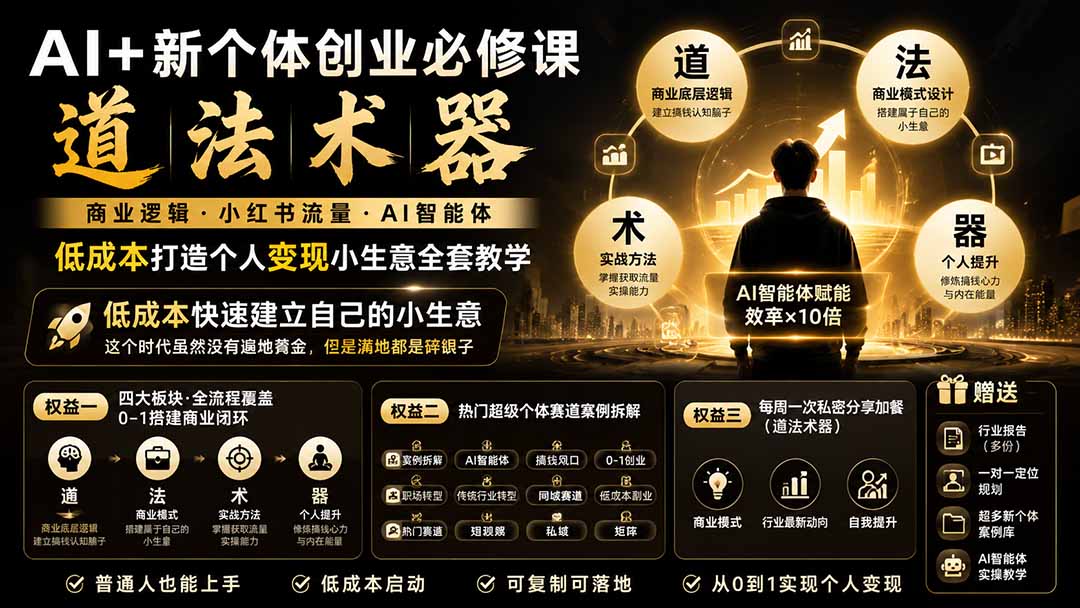 AI+新个体创业必修课｜道法术器｜商业逻辑·小红书流量·AI智能体｜低成本打造个人变现小生意全套教学-资源宝库