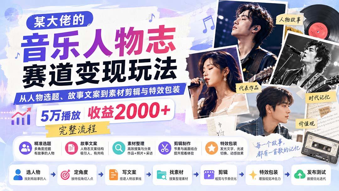 某大佬的音乐人物志赛道变现玩法：从人物选题、故事文案到素材剪辑与特效包装，5万播放收益2000+完整流程-资源宝库