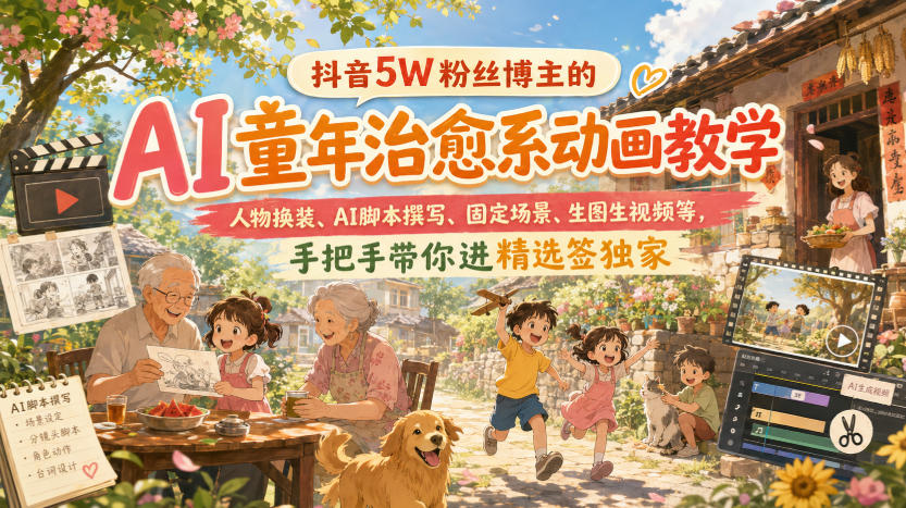 抖音5W粉丝博主的AI童年治愈系动画教学，人物换装、AI脚本撰写、固定场景、生图生视频等，手把手带你进精选签独家-资源宝库