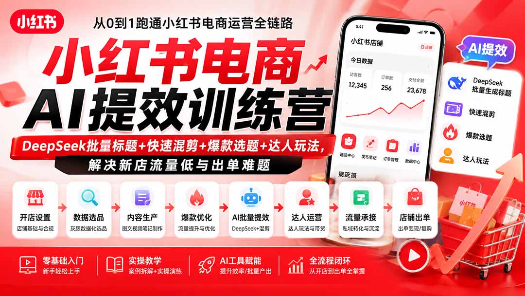 小红书电商AI提效训练营—DeepSeek批量标题+快速混剪+爆款选题+达人玩法，解决新店流量低与出单难题-资源宝库