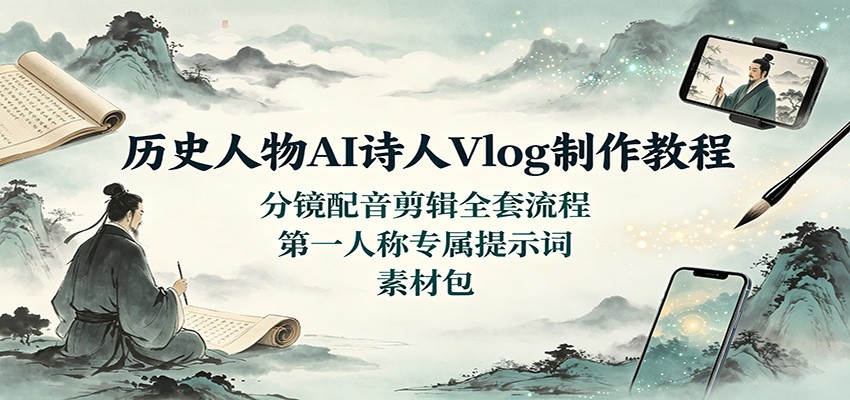 历史人物AI诗人Vlog制作教程：分镜配音剪辑全套流程，第一人称专属提示词素材包-资源宝库