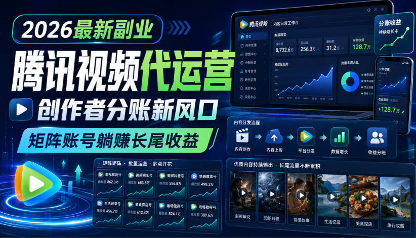2026最新副业之腾讯视频代运营：创作者分账新风口，矩阵账号躺賺长尾收益【揭秘】-资源宝库