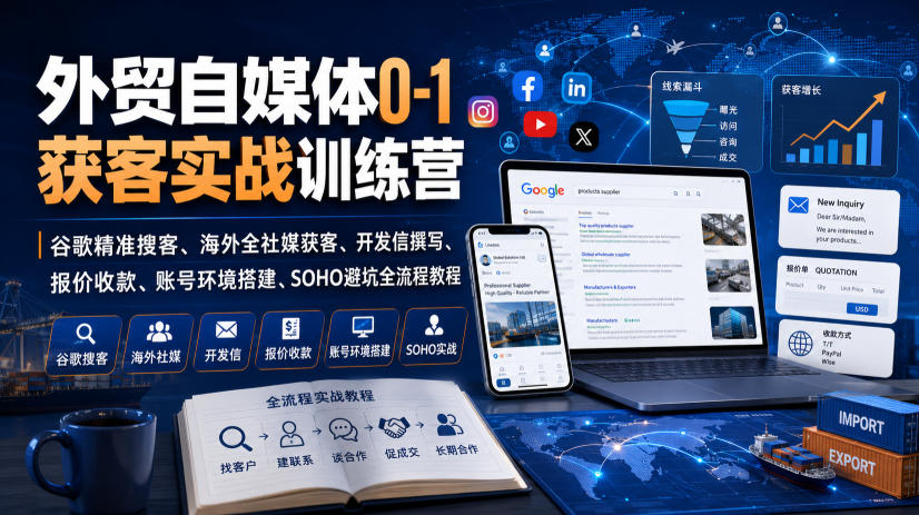 外贸自媒体0-1获客实战训练营｜谷歌精准搜客、海外全社媒获客、开发信撰写、报价收款、账号环境搭建、SOHO避坑全流程教程(更新)-资源宝库