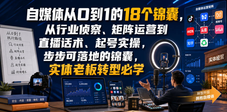 自媒体从0到1的18个锦囊，从行业侦察、矩阵运营到直播话术、起号实操，步步可落地的锦囊，实体老板转型必学-资源宝库
