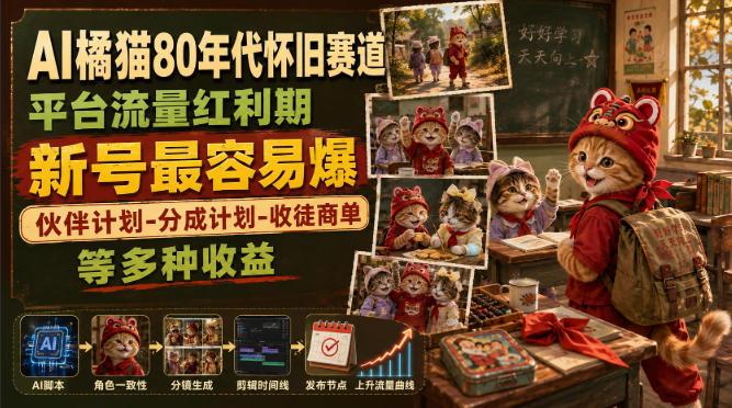 AI橘猫80年代怀旧赛道，平台流量红利期，新号最容易爆，伙伴计划-分成计划-收徒商单等多种收益-资源宝库