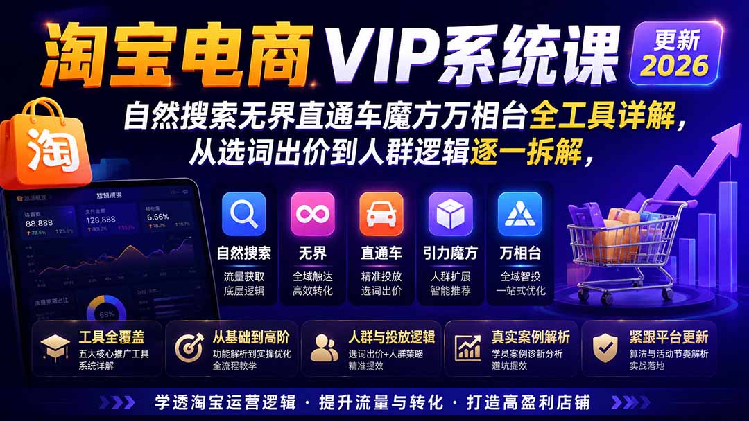 2026淘宝电商终局之战VIP课-更新：自然搜索+直通车+无界+精准人群，系统掌握测款动销与全店推广布局方法-资源宝库