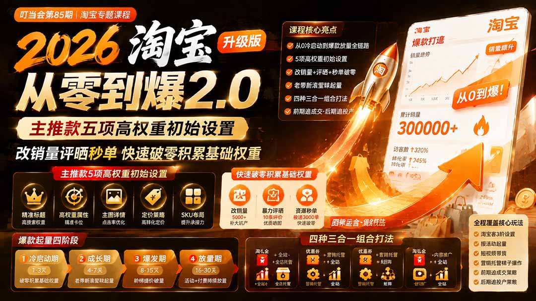 2026淘宝从零到爆2.0第85期；主推款五项高权重初始设置，改销量评晒秒单快速破零积累基础权重-资源宝库