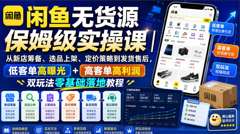 闲鱼无货源保姆级实操课｜从新店筹备、选品上架、定价策略到发货售后，低客单高曝光+高客单高利润双玩法零基础落地教程-资源宝库