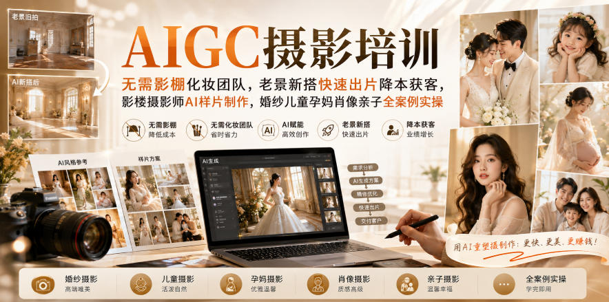 AIGC摄影培训｜无需影棚化妆团队，老景新搭快速出片降本获客，影楼摄影师AI样片制作，婚纱儿童孕妈肖像亲子全案例实操-资源宝库