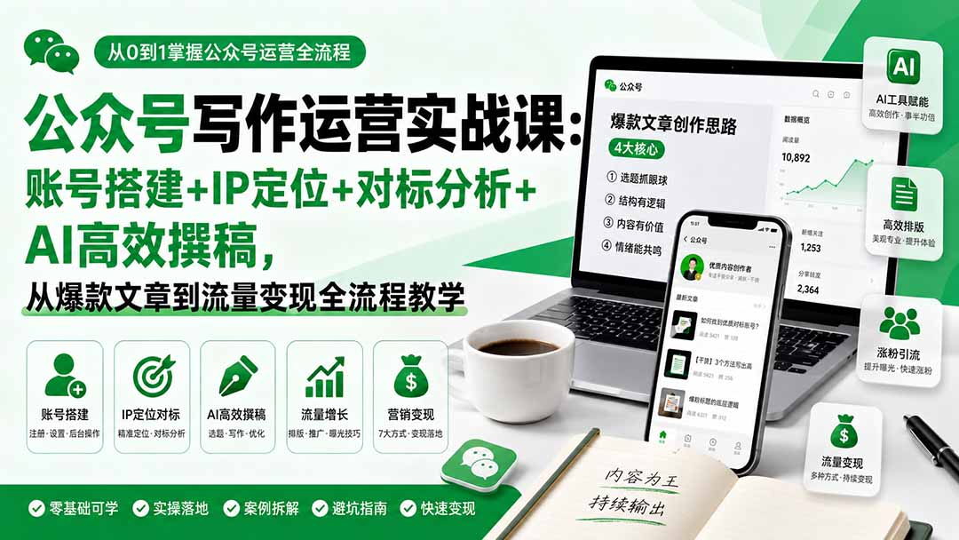 公众号写作运营实战课：账号搭建+IP定位+对标分析+AI高效撰稿，从爆款文章到流量变现全流程教学-资源宝库