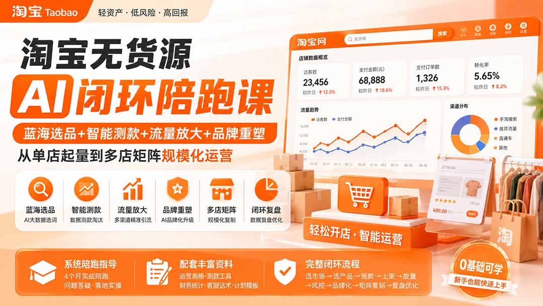 淘宝无货源AI闭环陪跑课：蓝海选品+智能测款+流量放大+品牌重塑，从单店起量到多店矩阵规模化运营-资源宝库