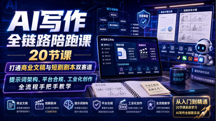AI写作全链路陪跑课｜20节课打通商业文稿与短剧剧本双赛道，提示词架构、平台合规、工业化创作全流程手把手教学-资源宝库