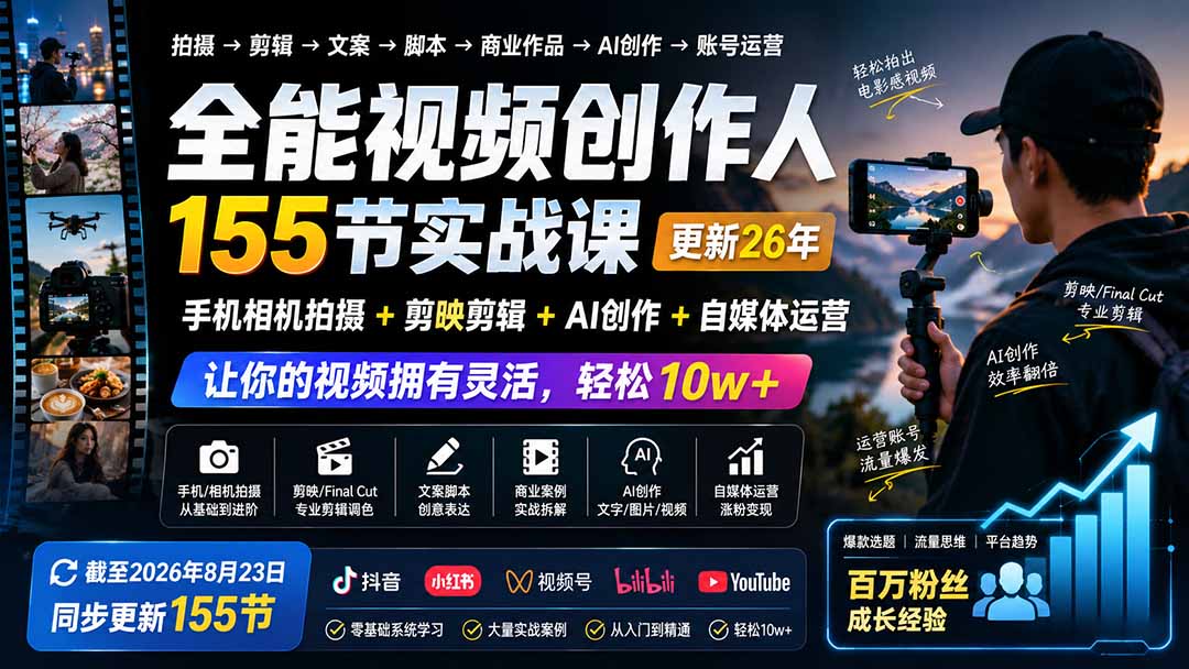 全能视频创作人155节实战课-更新26年8月：手机相机拍摄+剪映剪辑+AI创作+自媒体运营，让你的视频拥有灵活，轻松10w-资源宝库