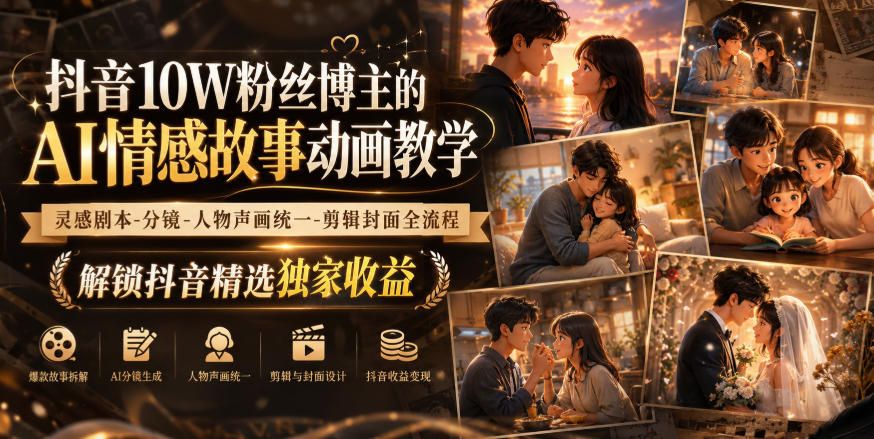 抖音10W粉丝博主的AI情感故事动画教学，灵感剧本‑分镜‑人物声画统一‑剪辑封面全流程，解锁抖音精选独家收益-资源宝库
