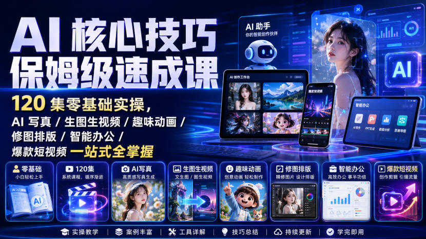 AI核心技巧保姆级速成课｜120集零基础实操，AI写真/生图生视频/趣味动画/修图排版/智能办公/爆款短视频一站式全掌握-资源宝库