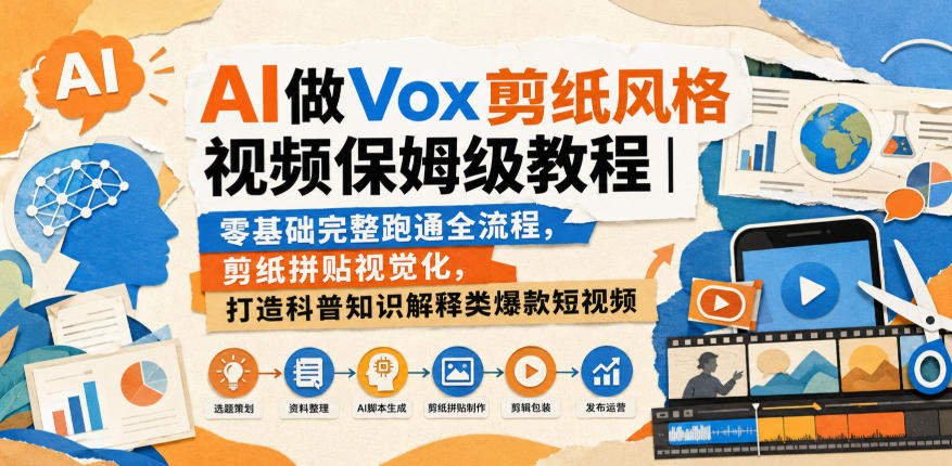 AI做Vox剪纸风格视频保姆级教程｜零基础完整跑通全流程，剪纸拼贴视觉化，打造科普知识解释类爆款短视频-资源宝库