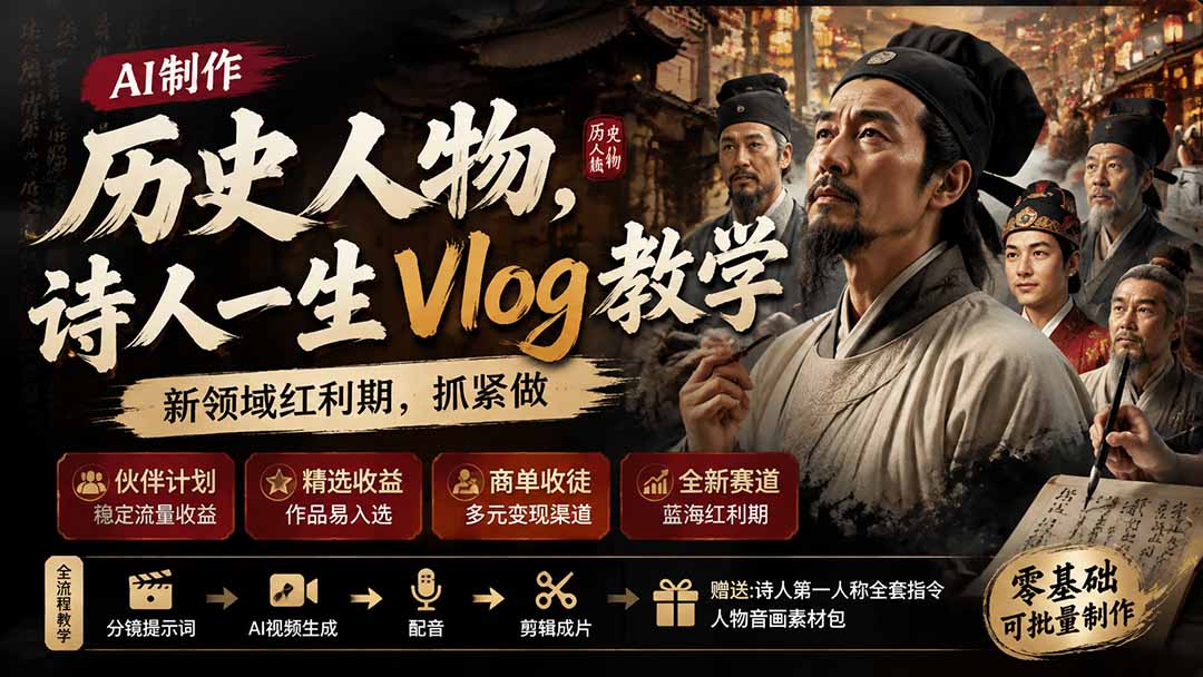 历史人物,诗人一生Vlog教学, AI制作丨伙伴计划丨精选收益丨商单收徒 ,新领域红利期,抓紧做-资源宝库