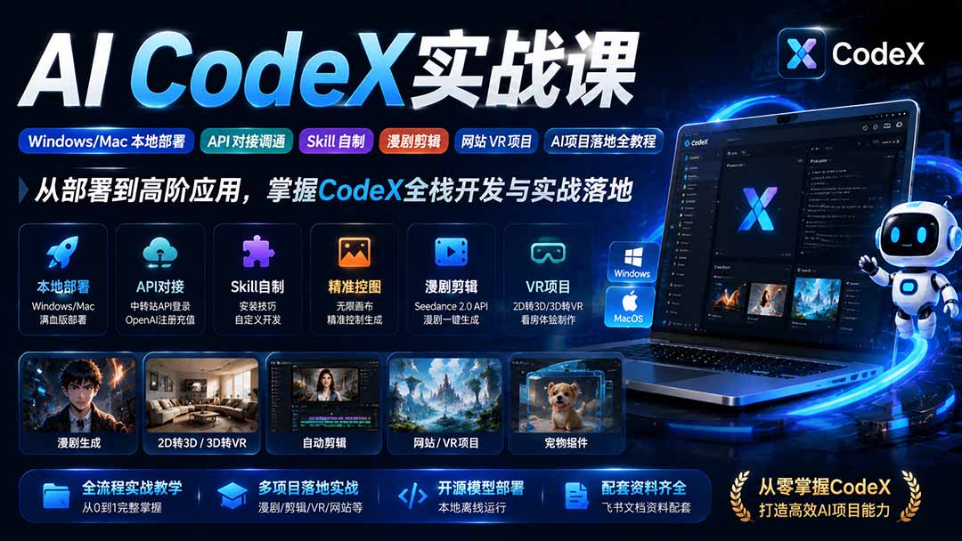 AI CodeX实战课|Windows/Mac 本地部署|API 对接调通|Skill 自制|漫剧剪辑|网站 VR 项目|AI项目落地全教程-资源宝库