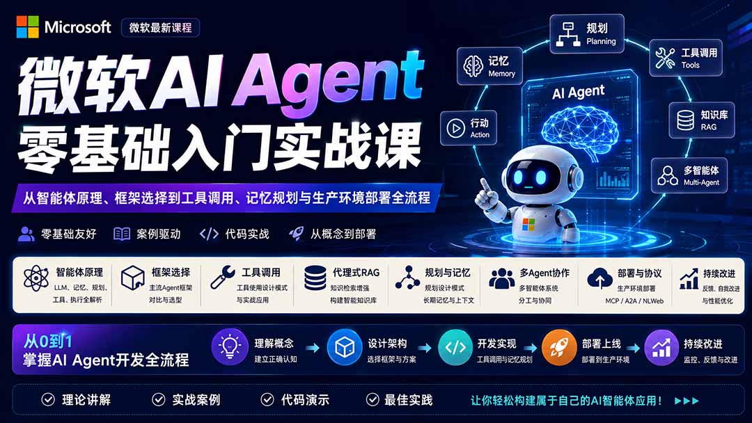 微软AI Agent零基础入门实战课：从智能体原理、框架选择到工具调用、记忆规划与生产环境部署全流程-资源宝库
