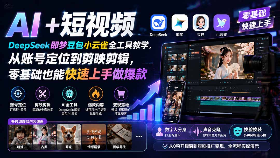 AI+短视频｜DeepSeek即梦豆包小云雀全工具教学，从账号定位到剪映剪辑，零基础也能快速上手做爆款-资源宝库