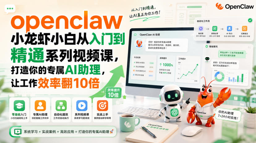 openclaw小龙虾小白从入门到精通系列视频课，打造你的专属AI助理，让工作效率翻10倍-资源宝库