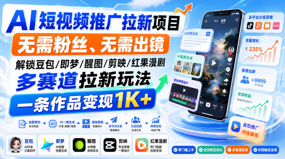 AI短视频推广拉新项目，无需粉丝、无需出镜，解锁豆包/即梦/醒图/剪映/红果漫剧多赛道拉新玩法，一条作品变现1K+-资源宝库