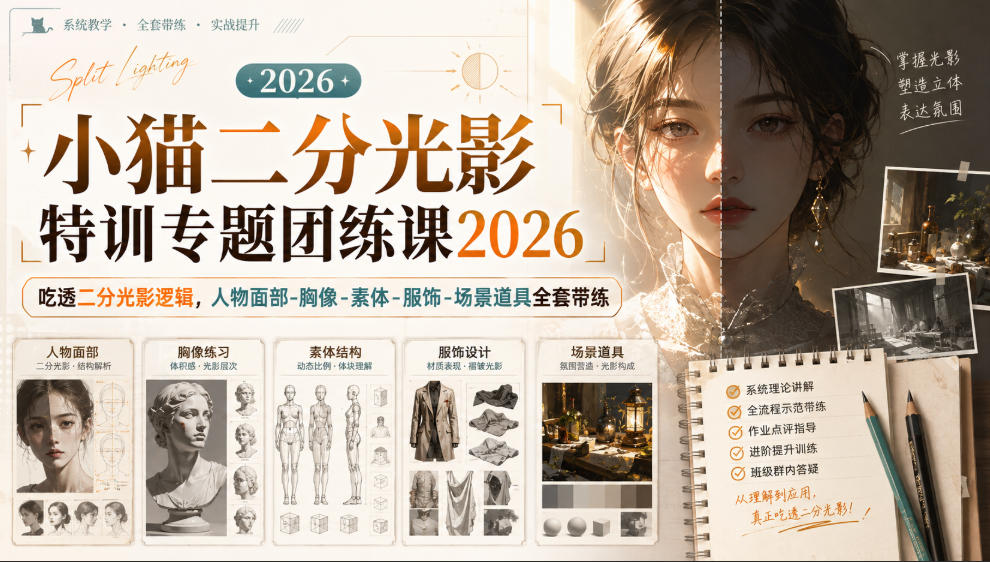 小猫二分光影特训专题团练课2026｜吃透二分光影逻辑，人物面部‑胸像‑素体‑服饰‑场景道具全套带练，高清画质附赠课件与笔刷-资源宝库