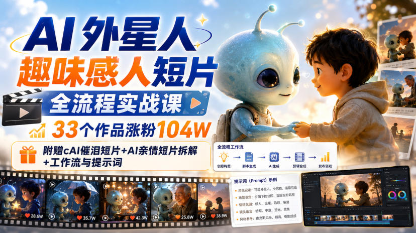 AI外星人趣味感人短片全流程实战课，33个作品涨粉104W，附赠AI催泪短片+AI亲情短片拆解+工作流与提示词-资源宝库