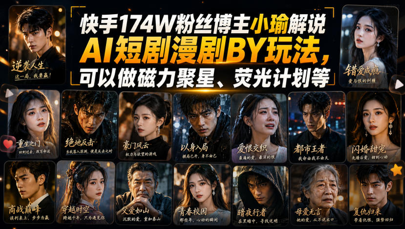 快手174W粉丝博主小瑜解说AI短剧漫剧搬运玩法，可以做磁力聚星、荧光计划等-资源宝库