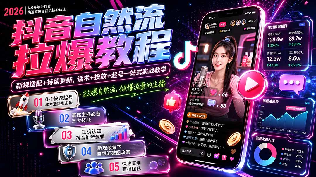 抖音自然流拉爆教程-更新8月：做懂流量的主播，新规适配+持续更新，话术+投放+起号一站式实战教学-资源宝库