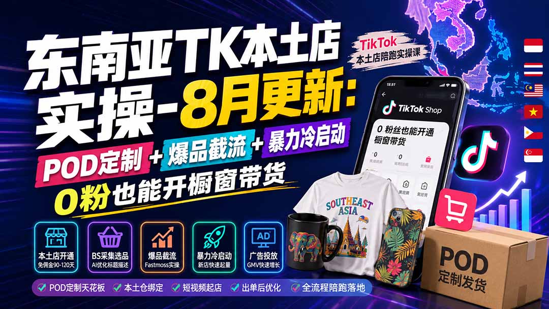 东南亚TK本土店实操-8月更新：POD定制+爆品截流+暴力冷启动，0粉也能开橱窗带货-资源宝库