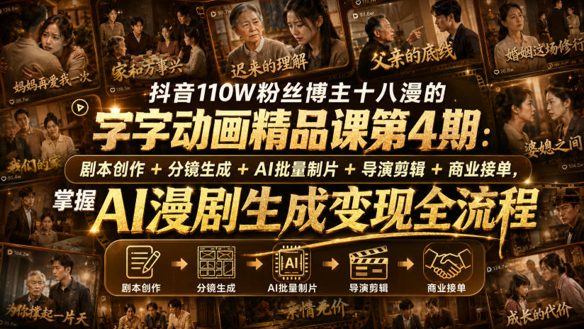 抖音110W粉丝博主十八漫的字字动画精品课第4期：剧本创作+分镜生成+剪辑+商业接单，掌握AI漫剧生成变现全流程-资源宝库