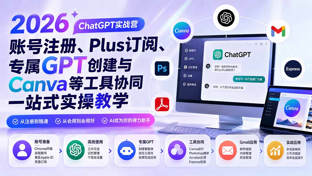 2026 ChatGPT实战营；账号注册、Plus订阅、专属GPT创建与Canva等工具协同一站式实操教学-资源宝库
