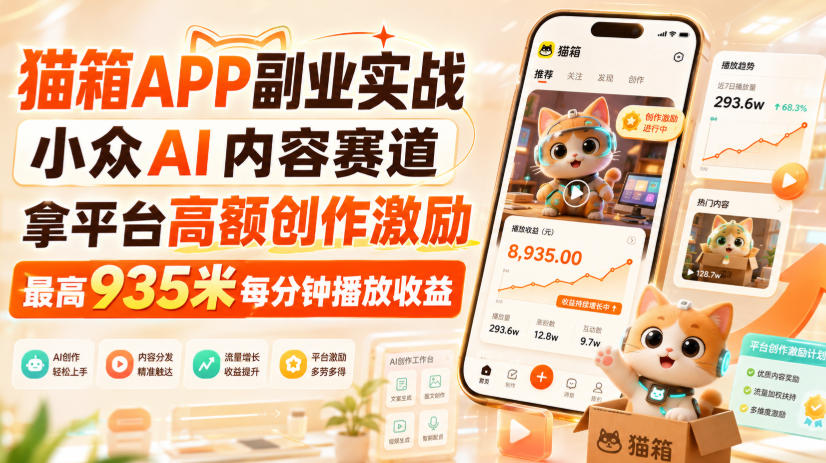 猫箱APP副业实战，小众AI内容赛道，拿平台高额创作激励，最高935米每分钟播放收益-资源宝库
