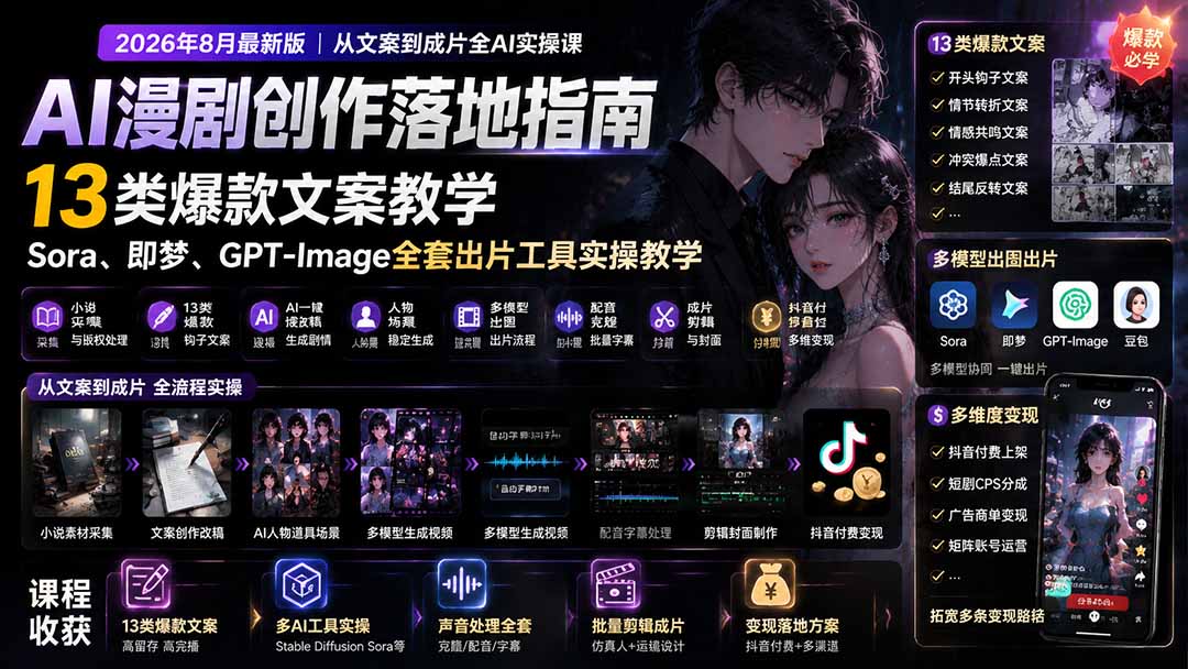 AI漫剧创作落地指南｜13类爆款文案教学，Sora、即梦、GPT-Image全套出片工具实操教学-资源宝库