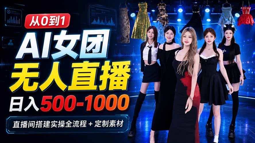 AI 女团无人直播，躺入500-1000每天，直播间搭建实操全流程+定制素材-资源宝库