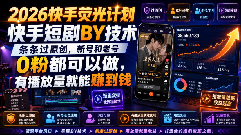 2026快手荧光计划,快手短剧搬运技术,条条过原创,新号和老号0粉都可以做,有播放量就能賺到钱-资源宝库