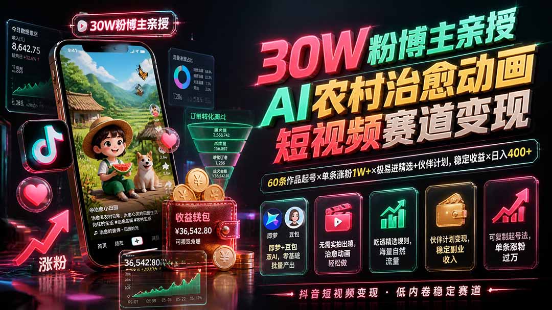 30W粉博主亲授AI农村治愈动画短视频赛道变现：60条作品起号×单条涨粉1W+×极易进精选+伙伴计划，稳定收益×日入400+-资源宝库