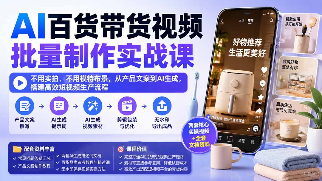 AI百货带货视频批量制作实战课：不用实拍、不用模特布景，从产品文案到AI生成，搭建高效短视频生产流程-资源宝库