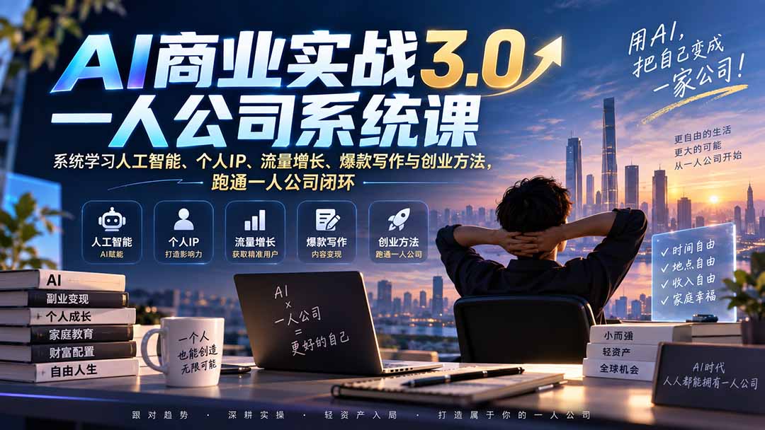 AI商业实战3.0一人公司系统课:系统学习人工智能、个人IP、流量增长、爆款写作与创业方法,跑通一人公司闭环-资源宝库