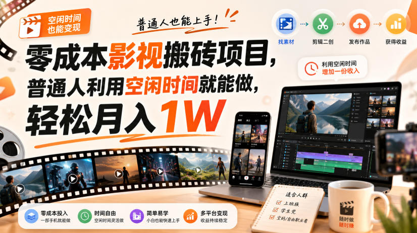 零门槛影视搬砖项目，月入万元，玩法稳定普通人可落地的长期副业！-资源宝库
