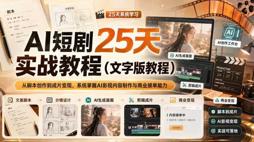 AI短剧25天实战教程(文字版教程),从脚本创作到成片变现,系统掌握AI影视内容制作与商业接单能力-资源宝库