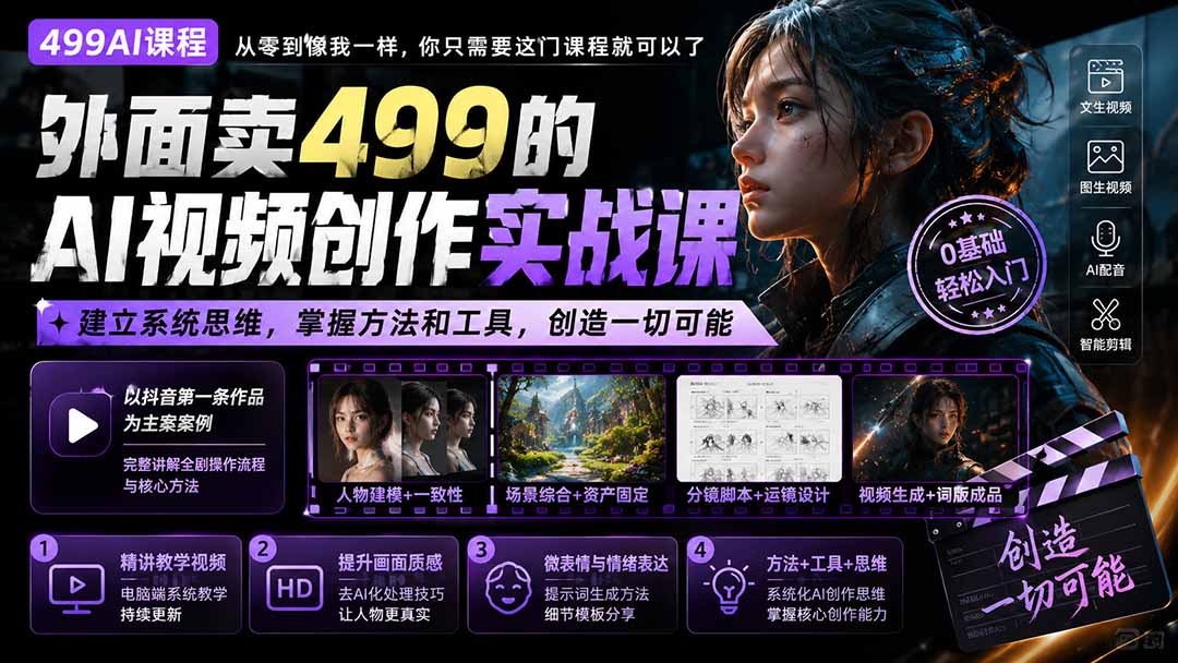 外面卖499的AI视频创作实战课:建立系统思维,掌握方法和工具,创造一切可能。-资源宝库