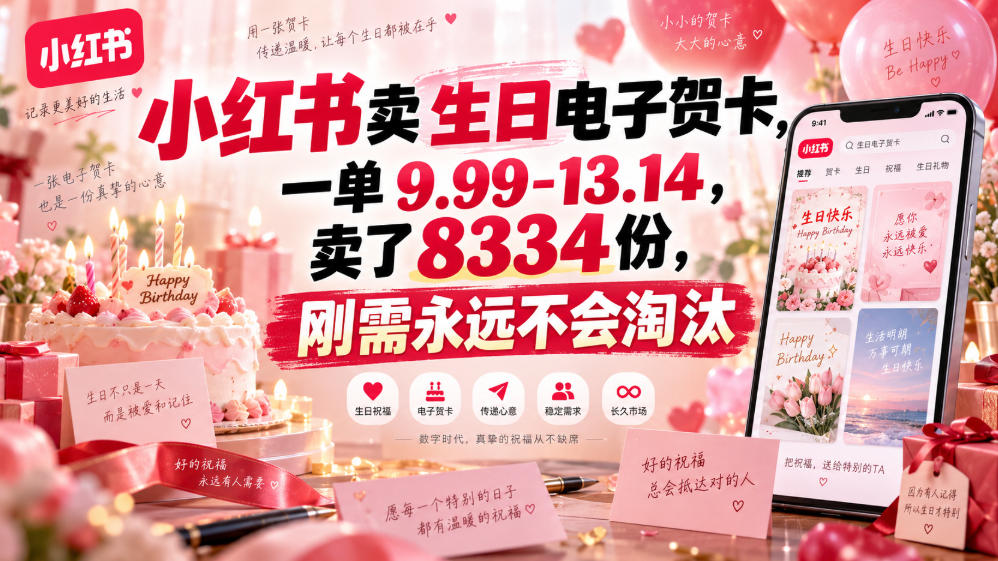 小红书卖生日电子贺卡，一单9.99-13.14，卖了8334份，刚需永远不会淘汰-资源宝库