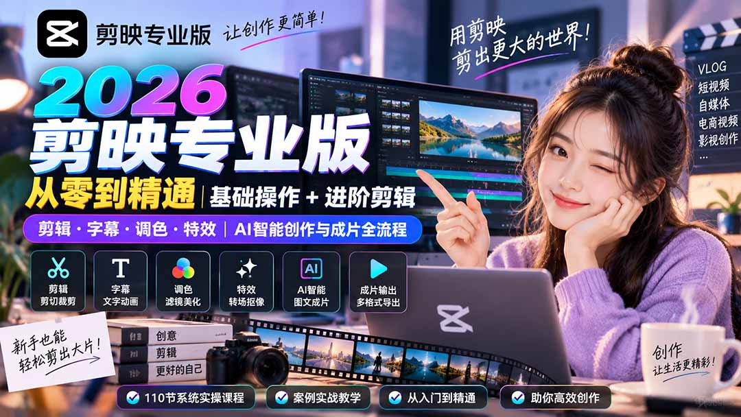 2026剪映专业版从零到精通|基础操作+进阶剪辑|剪辑·字幕·调色·特效|AI智能创作与成片全流程-资源宝库