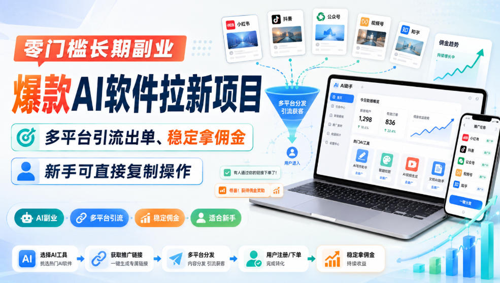 零门槛长期副业,爆款AI软件拉新项目,多平台引流出单、稳定拿佣金,新手可直接复制操作-资源宝库