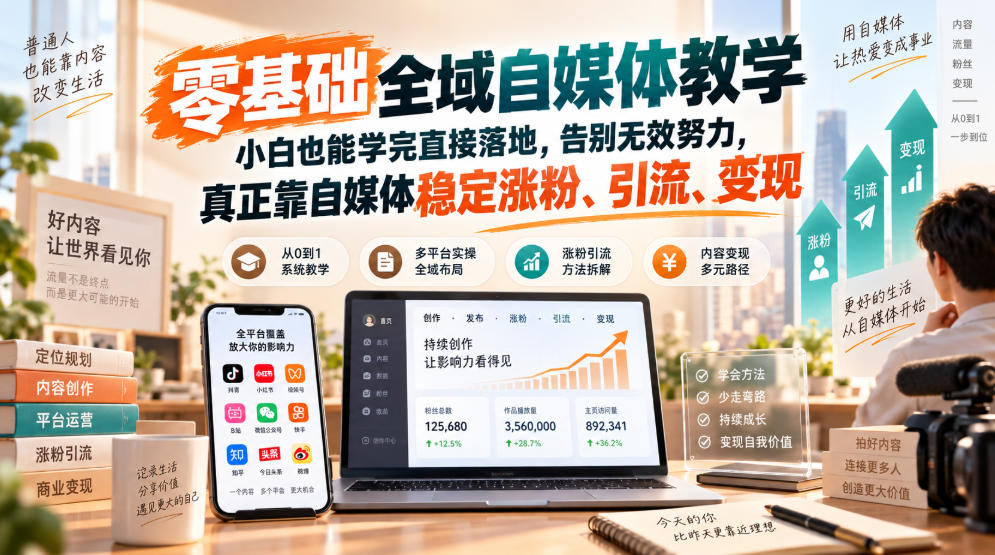 零基础全域自媒体教学，小白也能学完直接落地，告别无效努力，真正靠自媒体稳定涨粉、引流、变现-资源宝库