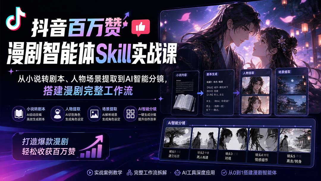 抖音百万赞漫剧智能体Skill实战课：从小说转剧本、人物场景提取到AI智能分镜，搭建漫剧完整工作流-资源宝库