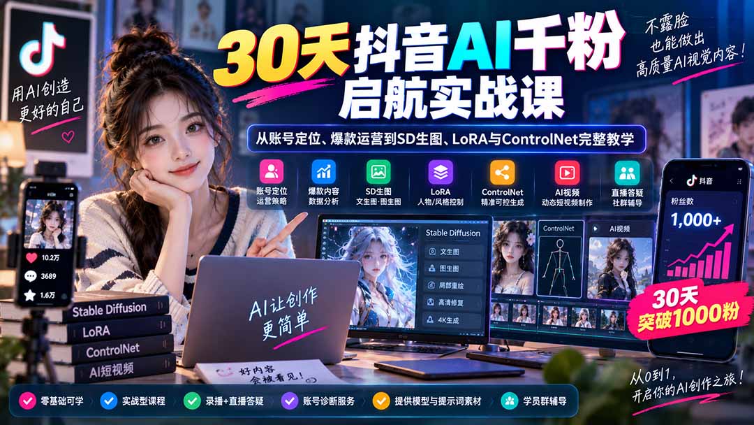 30天抖音AI千粉启航实战课：从账号定位、爆款运营到SD生图、LoRA与ControlNet完整教学-资源宝库